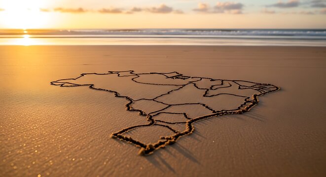 Brazil map outline drawn on golden beach sand at sunset by the ocean