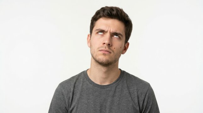 Serious young man looking upwards with neutral expression isolated on white background