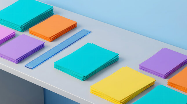 Colorful paper sheets and ruler arranged on a light gray desk with blue background