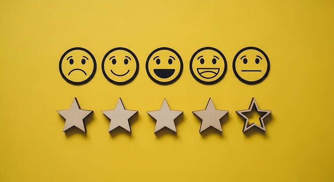 Customer satisfaction rating concept with wooden stars and emoji icons, feedback survey symbols on yellow background, business service evaluation