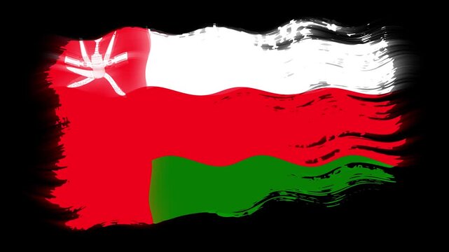 Waving torn Oman flag grunge brush burn light leaks, transparent background alpha channel loop full HD