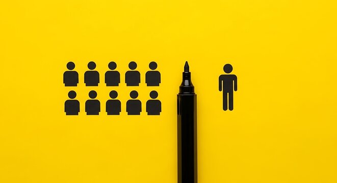 Minimalist leadership concept with black marker and human icons, unique individual standing out from the crowd, business recruitment and talent selection