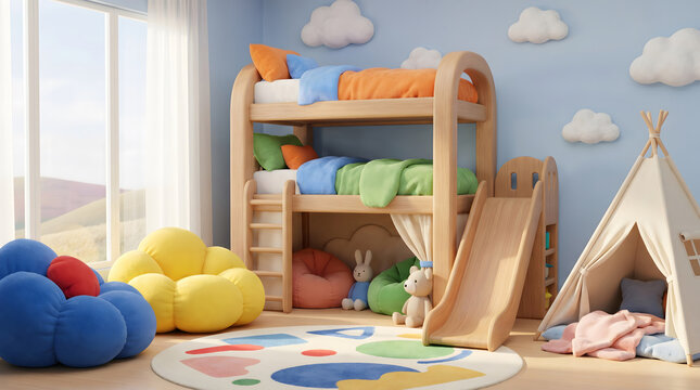 Bright childrens bedroom featuring wooden bunk bed with slide teepee tent and colorful toys