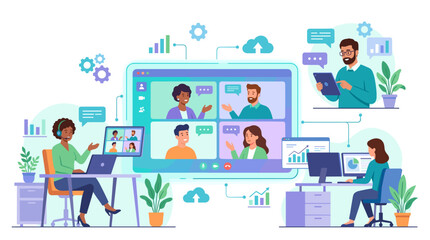 Fototapeta premium Vector Illustration of Remote Work and Virtual Meeting in Modern Office Setting Illustration depicting people working remotely and participating in a virtual meeting