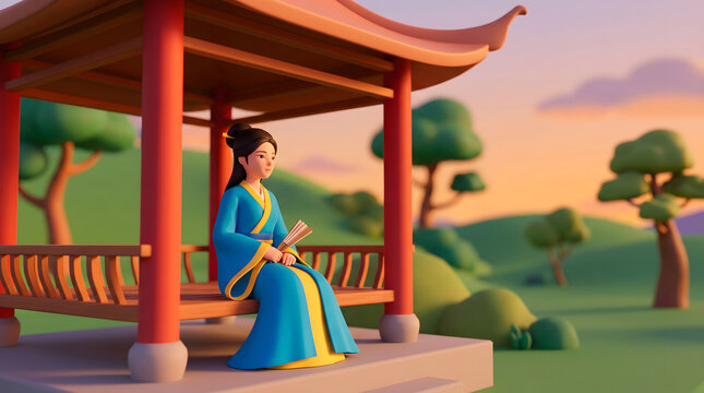 Traditional Chinese woman in blue robe sitting quietly under a pavilion holding a fan at sunset