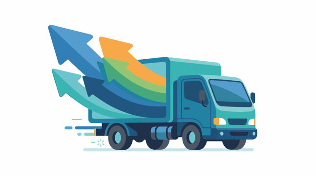 A blue truck with large colorful arrows rising from its bed