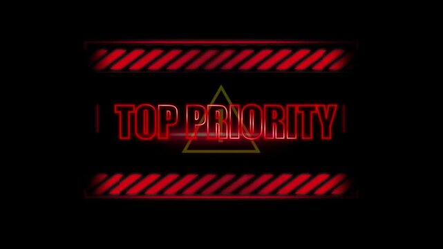 Top priority glowing red neon text animation appearing on black background for urgent warning alert video motion graphic project