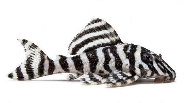 Side view of a striking Zebra Pleco fish with bold black and white stripes, isolated on a white background. Ideal for aquatic themes