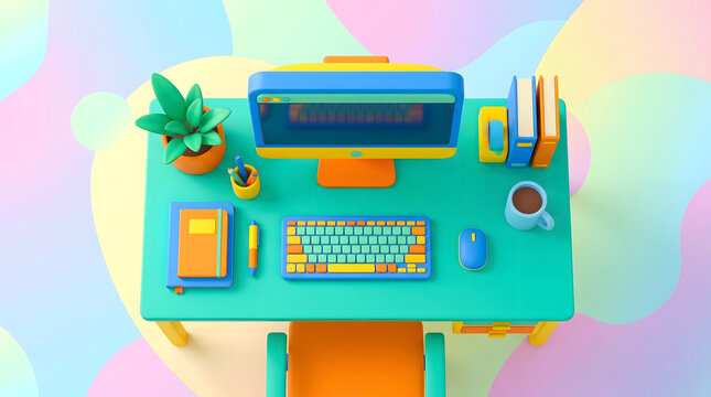 Colorful 3D illustrated office desk with computer keyboard green plant stationery and coffee cup