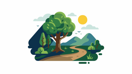 Fototapeta premium A serene landscape with a winding dirt path a large tree and mountains