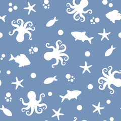 Fototapeta premium Seamless Watercolor Ocean Pattern Featuring Silhouette Fish, Starfish and Octopus