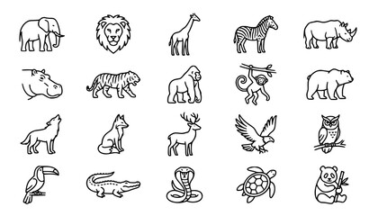 Wild Animal Outline Icons Including Elephant Lion Zebra and Bear © Sukumary