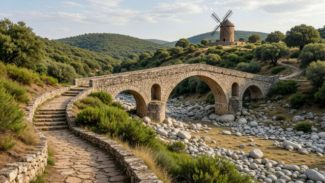 Stone Bridge with Path and Windmill in Hills