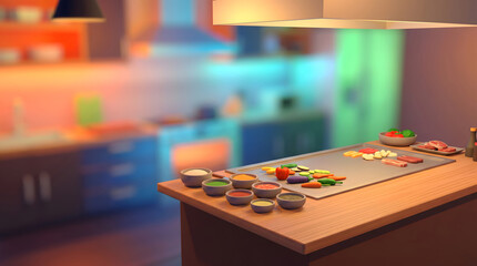 Fototapeta premium Ingredients and seasonings placed on kitchen prep counter