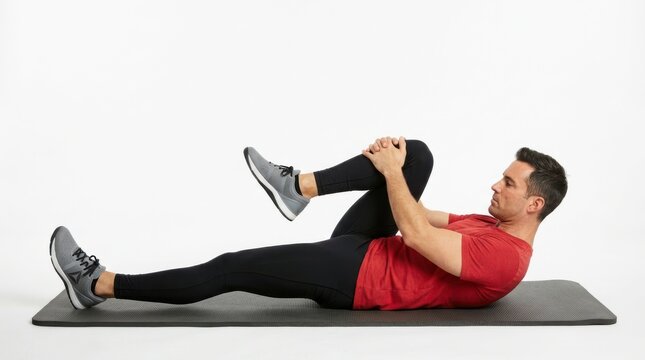 Man doing knee to chest stretch on exercise mat isolated on white background