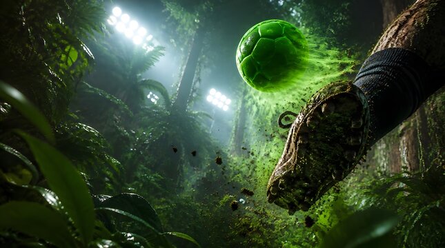Green Soccer Ball Kicked by Mud Caked Shoe in Lush Jungle Stadium
