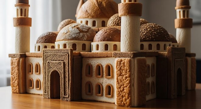 Mosque architecture scale model constructed from baked bread loaves