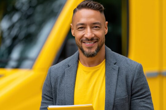 Middle aged man smiling with documents near delivery van