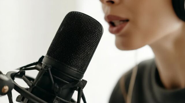 Close up of a person recording vocals in a professional studio with a large microphone and headphones. Modern audio production and podcasting concept for creative digital content creators