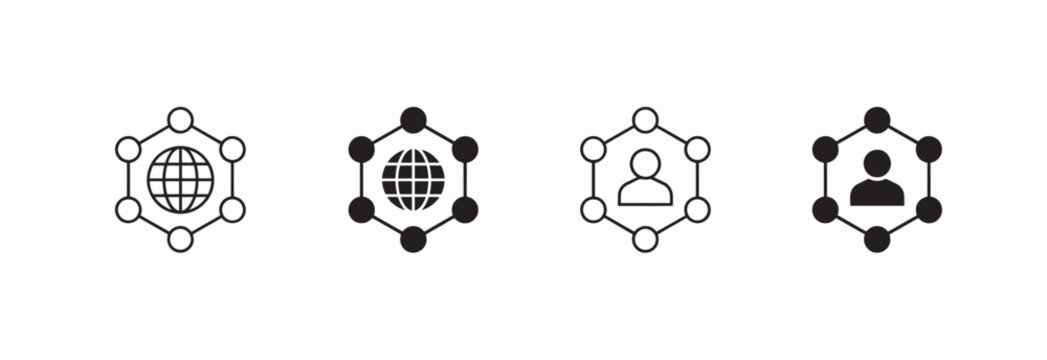 Set of network globe and user profile connection icons for business communication