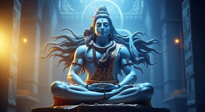 Lord Shiva meditating in lotus position with blue mystical aura