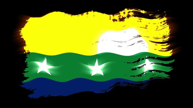 Waving torn Nueva Esparta flag grunge brush burn light leaks, transparent background alpha channel loop full HD