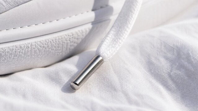 Close-up of white sneaker lace with metallic aglet on fabric.