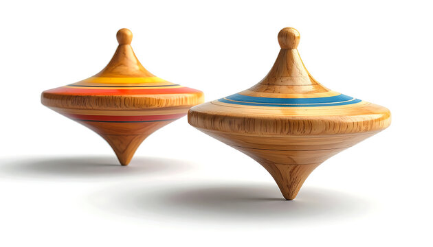 Two vintage wooden spinning tops, one colorful with stripes and dots, the other plain wood, on a white background, representing childhood play and nostalgia