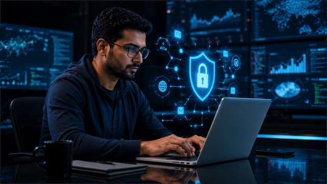 Indian Cybersecurity Analyst Monitoring Digital Network Security on Laptop