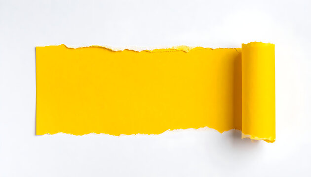 Torn paper with yellow background peeking through, showing a rough edge and curled corner on white, copy space