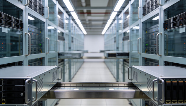 Data privacy server hardware chassis pulled out on rails for maintenance in a secure database data center