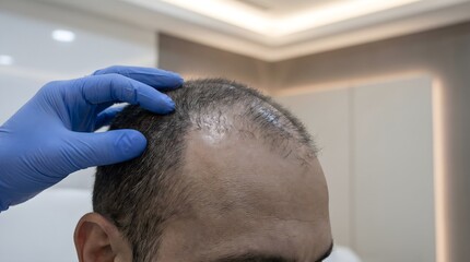 Fototapeta premium Doctor checking male patient receding hairline during hair loss evaluation in modern clinic