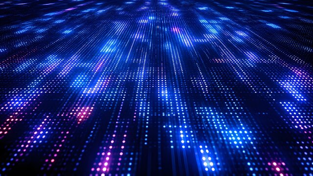 Abstract digital background with glowing blue and purple dots arranged in a grid pattern, representing data flow, technology, and futuristic network connections