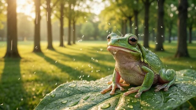 Close-up of a green frog with mouth open sitting on a wet leaf in the rain