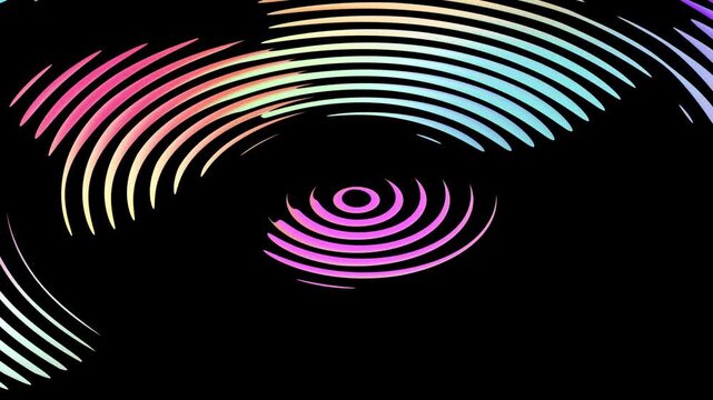 Abstract neon glowing concentric circles and pulsating wavy lines expanding on a black background