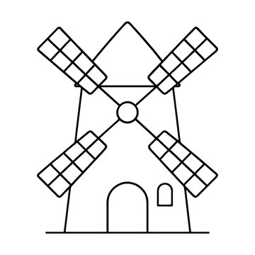 Simple line art icon of a traditional rustic windmill with rotating blades for agriculture and farming design projects
