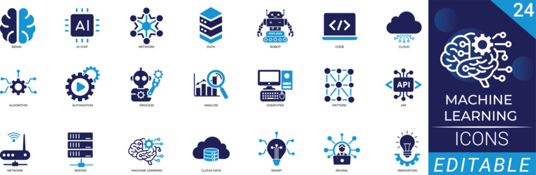 machine learning solid icon set with artificial intelligence, deep learning, brain, chatbot, big data, automation glyphs for web