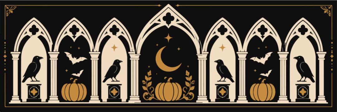 Vintage Halloween Gothic Arch Banner with Ravens, Bats, Pumpkins and Crescent Moon
