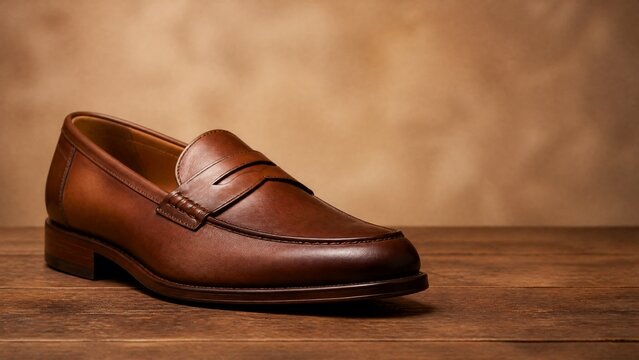 Brown leather loafer on wooden surface, classic shoe concept.