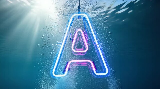 Neon Letter A Submerged in Water with Bubbles and Light Rays