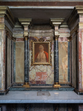 Portrait of Pope Pio X in a niche of Cappella di San Francesco, 17th century chapel annexed to the church of San Bernardo alle Terme, mannerist and baroque styled church in Rome, Italy
