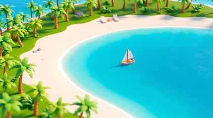 Obraz premium Tropical island beach scene with sailboat in turquoise water rendered in 3D illustration style