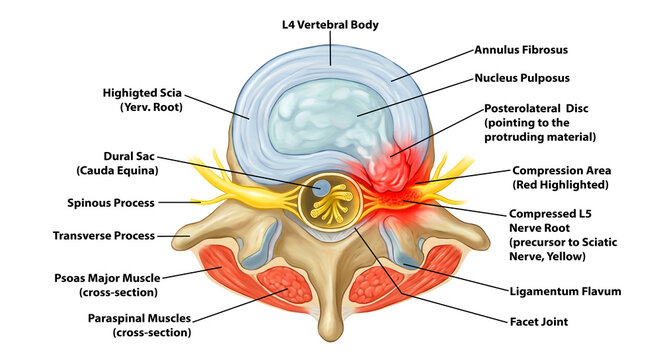 Lumbar spine cross-section showing herniated disc compressing sciatic nerve 