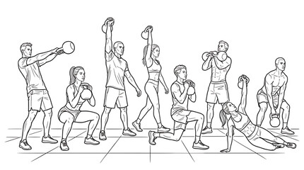 Obraz premium Set of people performing various kettlebell exercises, including swings, squats, lunges, and presses