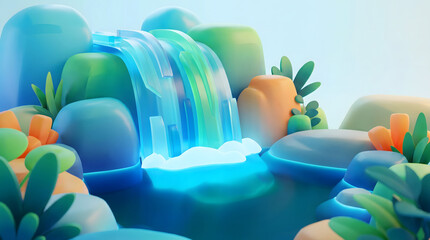 Obraz premium 3D illustrated blue green waterfall landscape with smooth rocks and vibrant foliage
