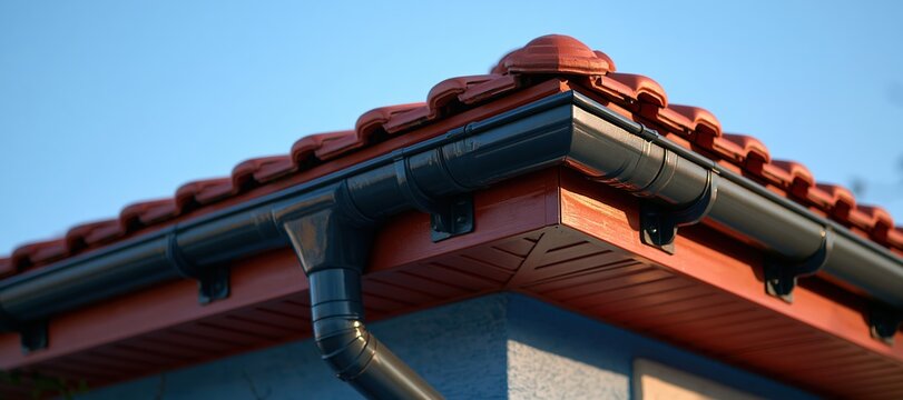 Red tile roof with black gutter system and precise brackets against clear sky