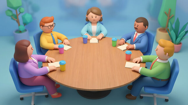 Five people sitting around a round table engaged in a business meeting discussion