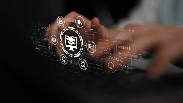 Hands Typing on a Keyboard with Digital Education Icons Illustrating Online Learning and Knowledge Sharing Concepts. Entropy.