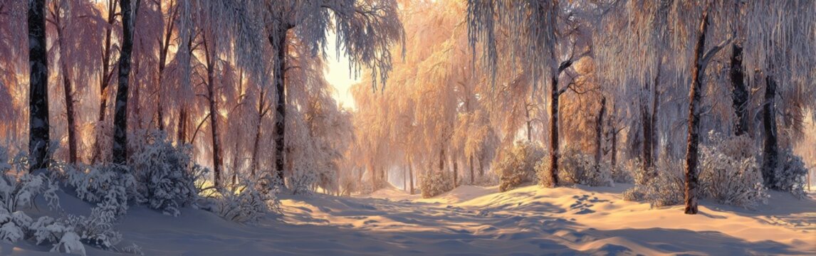 Golden hour sunlight illuminating a snowy winter forest path between frosted trees under a clear sky in a peaceful woodland with sunlight landscape woodland peaceful tranquil branches panoramic