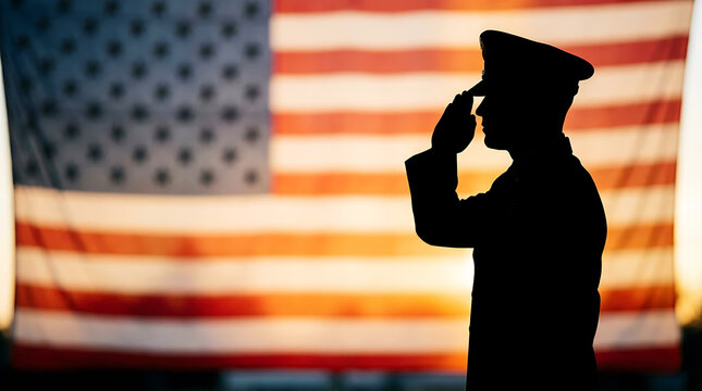 American soldier silhouette saluting in front of United States flag at sunset
